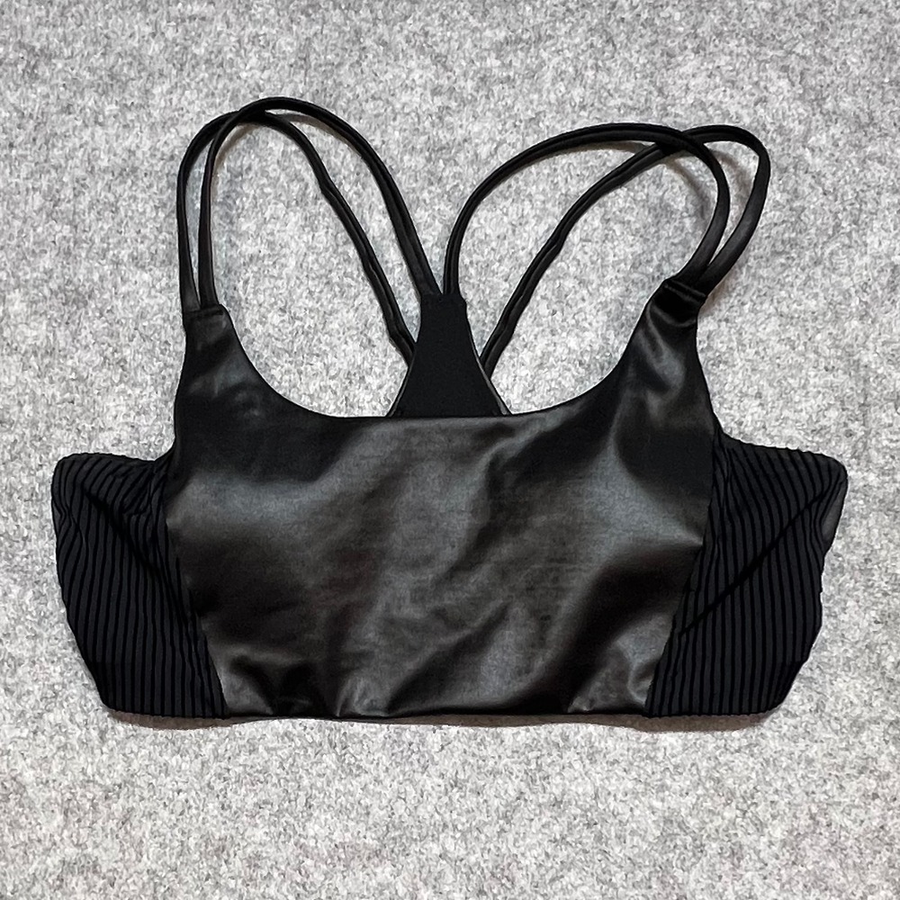 Fabletics Black Faux Leather Strappy Racerback Sports Bra Medium